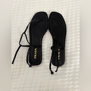 Prada Black Leather T-Strap Flat Sandals